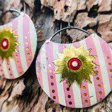 Load image into Gallery viewer, Golden Medallions on Striped Cotton Candy Circles Upcycled Tin Earrings