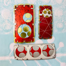 Load image into Gallery viewer, Encircled Weathered Red Over White Upcycled Tin Brooch