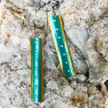 Load image into Gallery viewer, Shimmery Teal Rectangle Tin Earrings