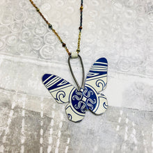 Load image into Gallery viewer, Navy &amp; Cream Small Butterfly Upcycled Tin Necklace