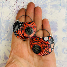 Load image into Gallery viewer, Shimmery Red Sunflowers Circles Upcycled Tin Earrings
