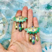 Load image into Gallery viewer, Green &amp; Golds Botanical Tin Chandelier Earrings