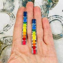 Load image into Gallery viewer, Rainbow Fenced Narrow Rectangle Tin Earrings