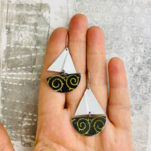 Load image into Gallery viewer, Golden Swirls on Midnight Upcycled Tin Sailboat Earrings