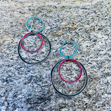 Load image into Gallery viewer, Teal, Cerise &amp; Midnight Circle Scribbles Upcycled Tin Scribble Earrings