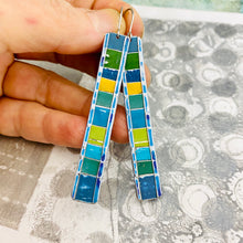 Load image into Gallery viewer, Fenced &amp; Folded Blues &amp; Pop of Sunshine Rectangle Tin Earrings