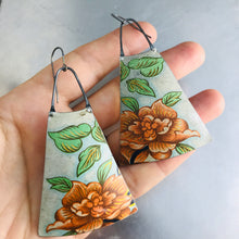 Load image into Gallery viewer, Giant Orange Blossom Upcycled Vintage Tin Long Fans Earrings