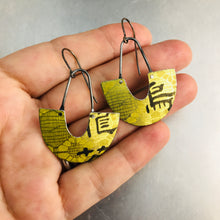Load image into Gallery viewer, Lacey Yellow Chinese Characters Little Us Upcycled Tin Earrings
