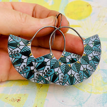 Load image into Gallery viewer, Leaf Mandala Teals Half Moon Tin Earrings