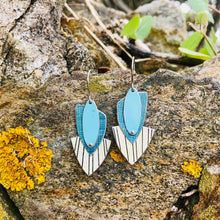 Load image into Gallery viewer, Teal &amp; Cream Reuleaux Triangle Upcycled Teardrop Tin Earrings