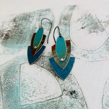 Load image into Gallery viewer, Teal Screen &amp; Rustic Red Reuleaux Triangle Upcycled Teardrop Tin Earrings