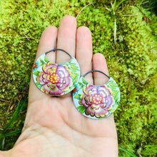 Load image into Gallery viewer, Red Violet Blossoms Circles Upcycled Tin Earrings