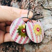 Load image into Gallery viewer, Golden Medallions on Striped Cotton Candy Circles Upcycled Tin Earrings
