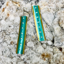 Load image into Gallery viewer, Shimmery Teal Rectangle Tin Earrings