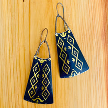 Load image into Gallery viewer, Golden Diamonds on Midnight Blue Upcycled Tin Long Fans Earrings