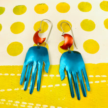 Load image into Gallery viewer, Maker Moons In Shimmery Peacock &amp;  Sunset Talisman Zero Waste Tin Earrings