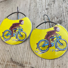 Load image into Gallery viewer, Biking Curious George Circles Upcycled Tin Earrings