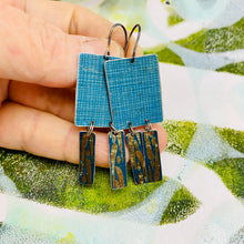 Load image into Gallery viewer, Teal Screened Windows Upcycled Tin Earrings