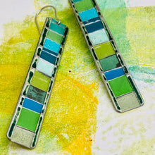 Load image into Gallery viewer, Fenced &amp; Folded Mixed Greens Rectangle Tin Earrings