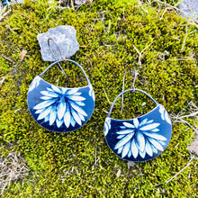 Load image into Gallery viewer, Flower Burst on Deep Blueberry Circles Upcycled Tin Earrings