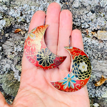 Load image into Gallery viewer, Midnight Zinnias on Red Big Moons Upcycled Tin Earrings