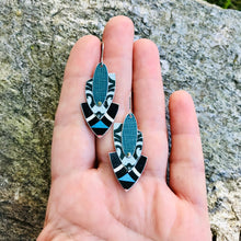 Load image into Gallery viewer, Mixed Blues &amp; Teal Reuleaux Triangle Upcycled Teardrop Tin Earrings