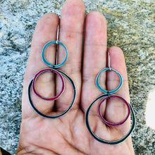 Load image into Gallery viewer, Teal, Cerise &amp; Midnight Circle Scribbles Upcycled Tin Scribble Earrings