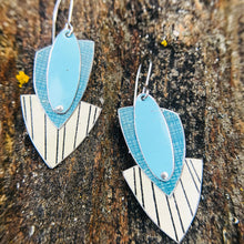 Load image into Gallery viewer, Teal &amp; Cream Reuleaux Triangle Upcycled Teardrop Tin Earrings