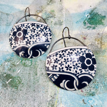 Load image into Gallery viewer, Midnight Blue Tiny Flowers Circles Upcycled Tin Earrings