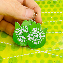 Load image into Gallery viewer, White Mandala on Bright Green Classic Hamsa Upcycled Tin Earrings