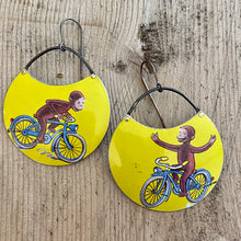 Load image into Gallery viewer, Playing on the Bike Curious George Circles Upcycled Tin Earrings