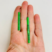 Load image into Gallery viewer, RESERVED Bright Green Kanji Long Narrow Tin Earrings