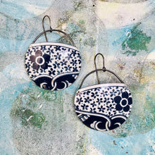 Load image into Gallery viewer, Midnight Blue Tiny Flowers Circles Upcycled Tin Earrings