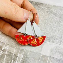 Load image into Gallery viewer, Vintage Scarlet &amp; Gold Upcycled Tin Sailboat Earrings