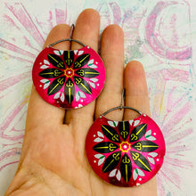 Load image into Gallery viewer, Midnight Mandala on Magenta Circles Upcycled Tin Earrings