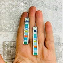 Load image into Gallery viewer, Aquas &amp; Pop of Orange Fenced &amp; Folded Rectangle Tin Earrings