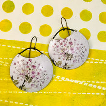Load image into Gallery viewer, Purple-y Pink Allium Blossoms Circles Upcycled Tin Earrings