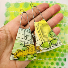 Load image into Gallery viewer, Modernist Architectural Renderings Upcycled Tin Long Fans Earrings