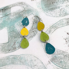 Load image into Gallery viewer, Teal, Goldenrod &amp; Olive Tri-Teardrop Upcycled Tin Earrings