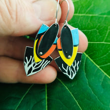 Load image into Gallery viewer, Black &amp; White Branches Reuleaux Triangle Upcycled Teardrop Tin Earrings