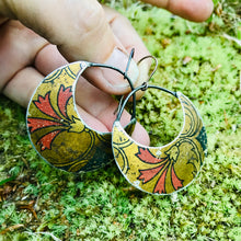 Load image into Gallery viewer, Scarlet Flowers on Antique Gold Upcycled Tin Crescent Circle Earrings