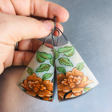 Load image into Gallery viewer, Giant Orange Blossom Upcycled Vintage Tin Long Fans Earrings