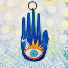 Load image into Gallery viewer, Large Hamsa In Sky Blue &amp; Persimmon Tin Wall Art