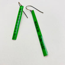 Load image into Gallery viewer, RESERVED Bright Green Kanji Long Narrow Tin Earrings