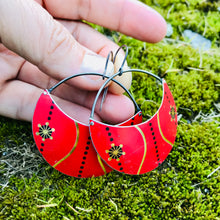 Load image into Gallery viewer, Scarlet with Gold &amp; Black Circles Upcycled Tin Earrings