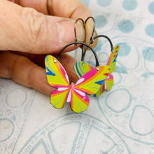 Load image into Gallery viewer, Chartreuse &amp; Magenta Small Butterflies Upcycled Tin Earrings