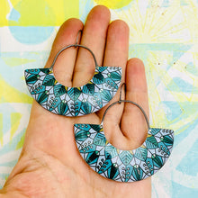 Load image into Gallery viewer, Leaf Mandala Teals Half Moon Tin Earrings