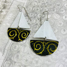 Load image into Gallery viewer, Golden Swirls on Midnight Upcycled Tin Sailboat Earrings