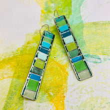 Load image into Gallery viewer, Fenced &amp; Folded Mixed Greens Rectangle Tin Earrings