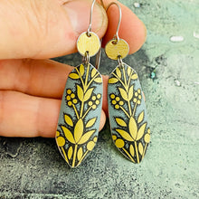 Load image into Gallery viewer, Golden Flowers on Washed Denim Upcycled Tin Earrings